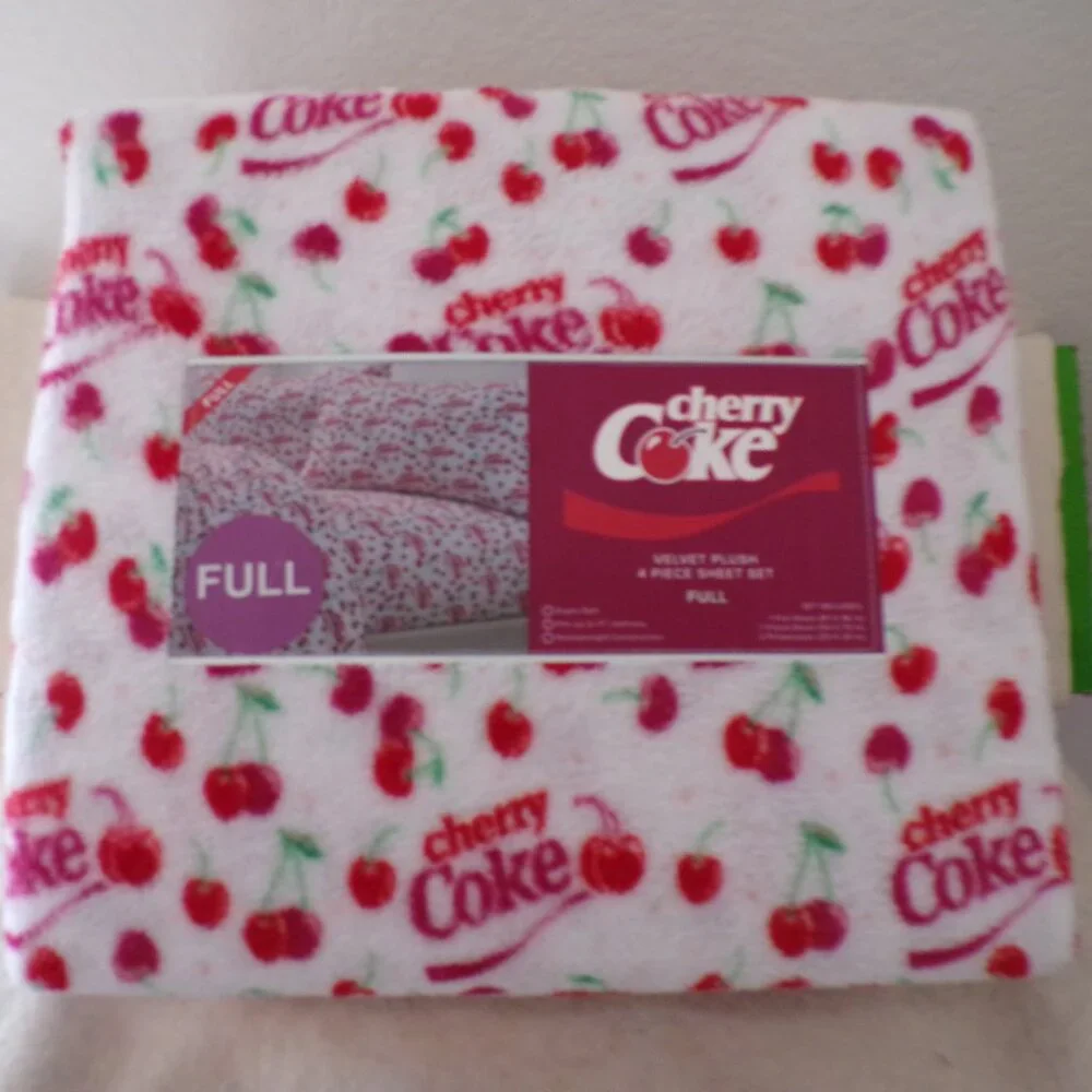 Coca-Cola Cherry Coke FULL Bed Plush Sheet Set Red White Soda Logo NWT NEW